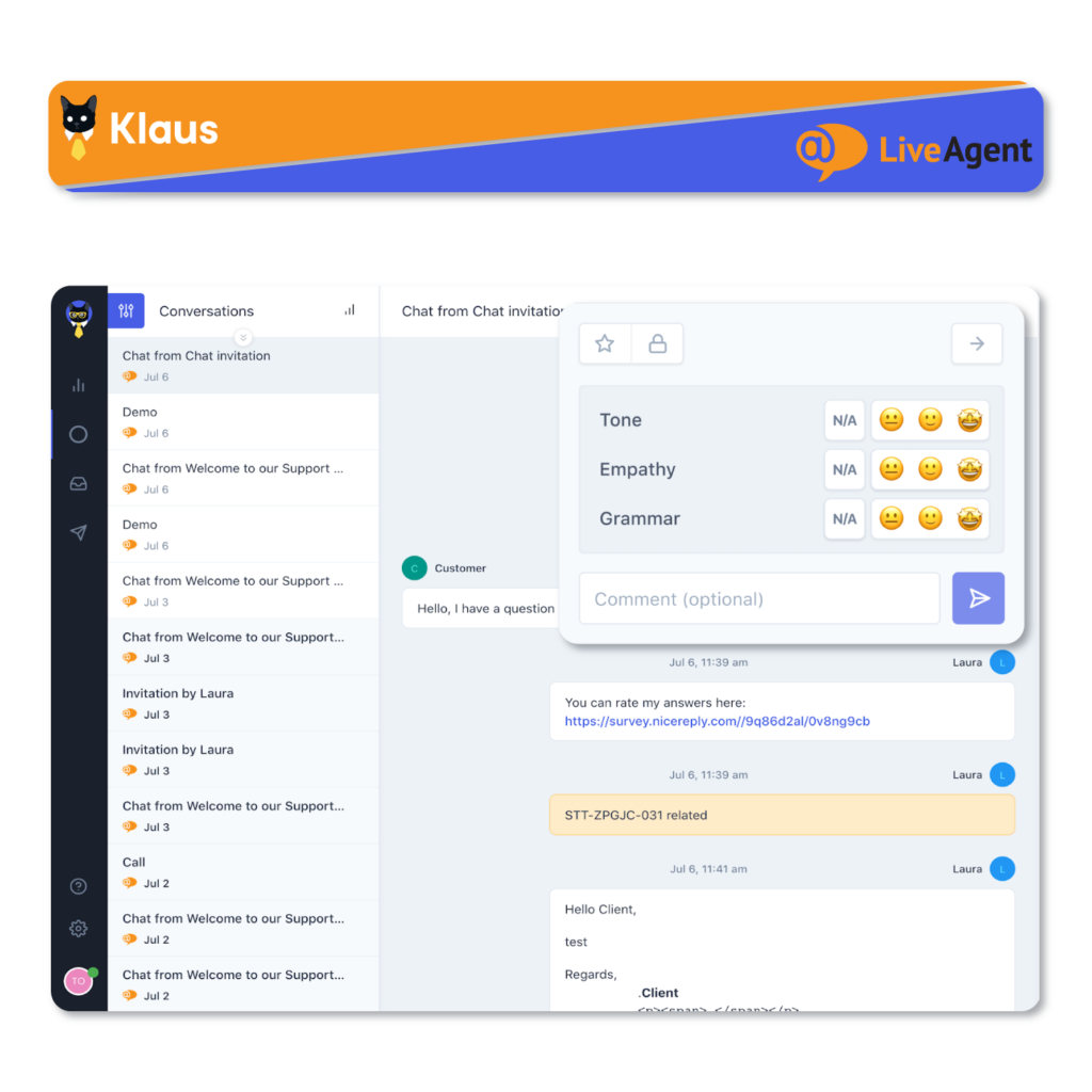 интеграция на liveagent и klaus