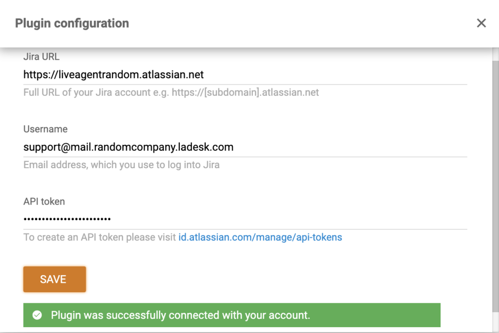 A successfuly configurated Jira plugin in LiveAgent