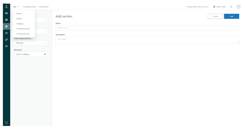 Раздел Add в Zendesk Suite