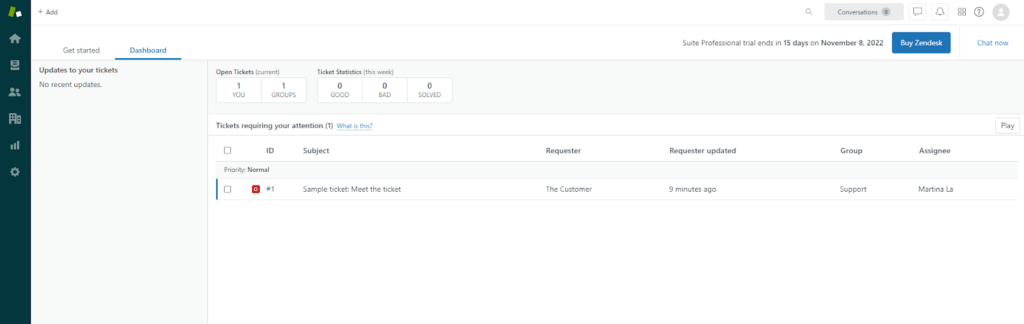 Преглед на основното табло на Zendesk Suite